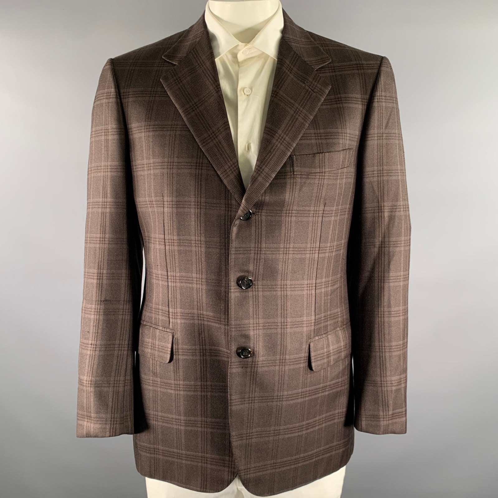 Brioni Size 42 Brown Orange & Blue Tartan Linen Wool Sport Coat